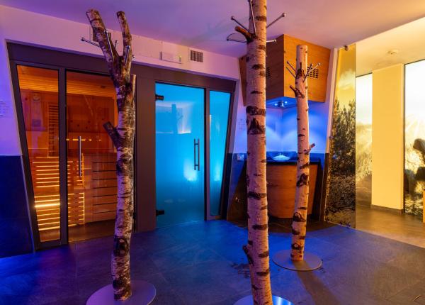 Ambiente rilassante con sauna, luci soffuse blu e tronchi decorativi.
